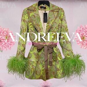 ANDREEVA Mint Jacqueline Jacket With Detachable Ostrich Feather Cuffs Sz XS